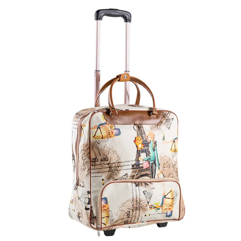 PU trolley suitcase with wheels shown in a choice of eight different colour and pattern designs.