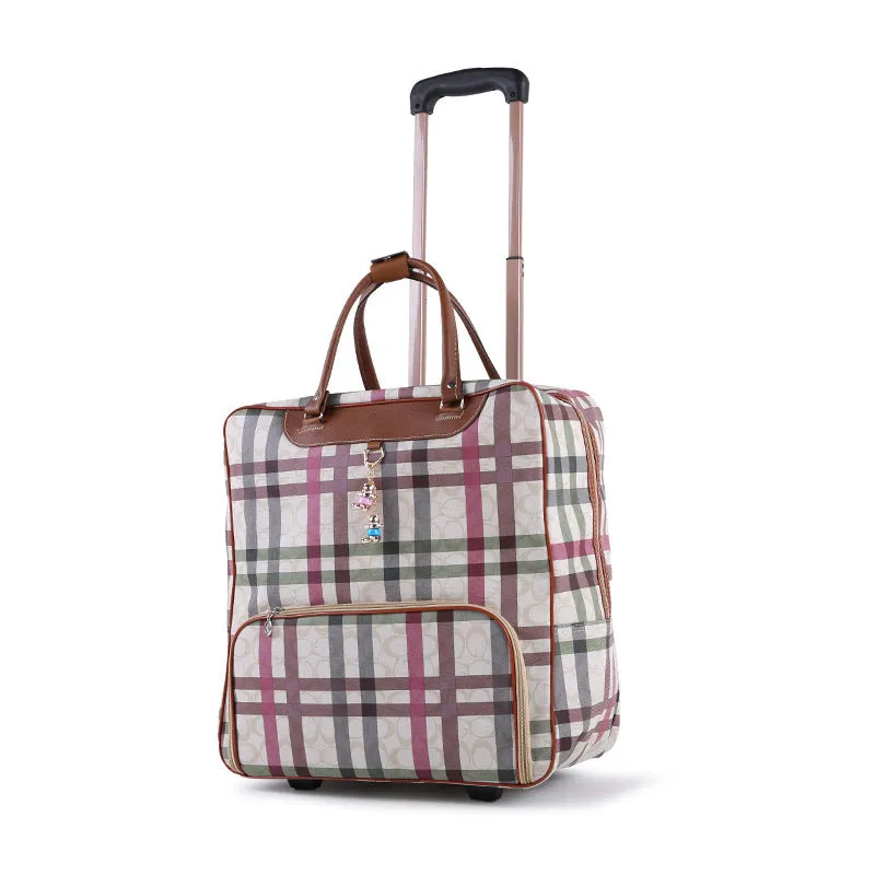 PU trolley suitcase with wheels shown in a choice of eight different colour and pattern designs.