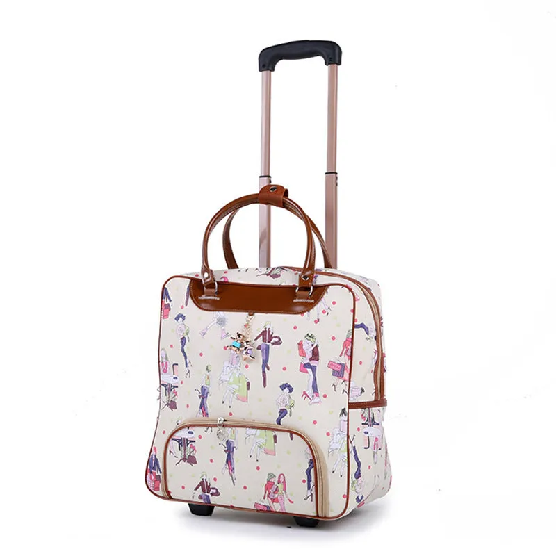 PU trolley suitcase with wheels shown in a choice of eight different colour and pattern designs.