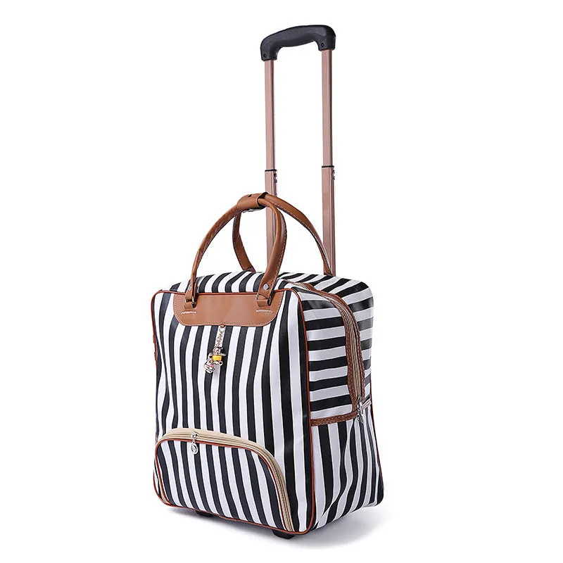 PU trolley suitcase with wheels shown in a choice of eight different colour and pattern designs.