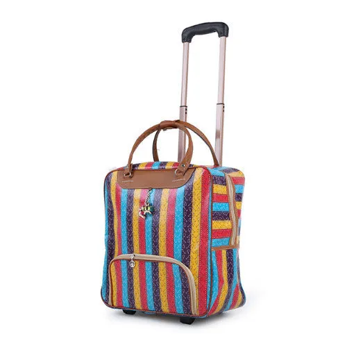 PU trolley suitcase with wheels shown in a choice of eight different colour and pattern designs.