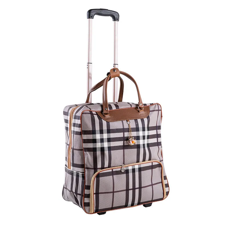 PU trolley suitcase with wheels shown in a choice of eight different colour and pattern designs.