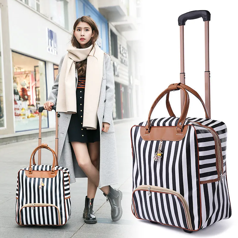 PU trolley suitcase with wheels shown in a choice of eight different colour and pattern designs.