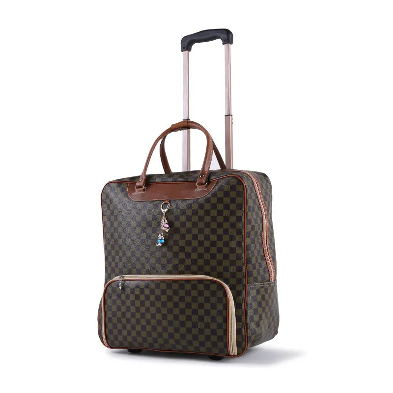 PU trolley suitcase with wheels shown in a choice of eight different colour and pattern designs.
