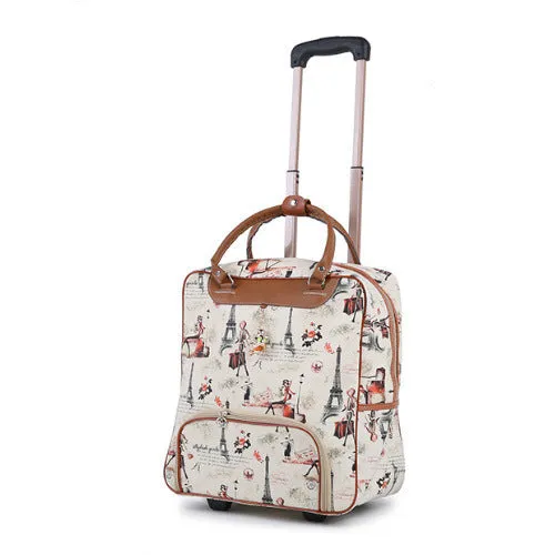PU trolley suitcase with wheels shown in a choice of eight different colour and pattern designs.