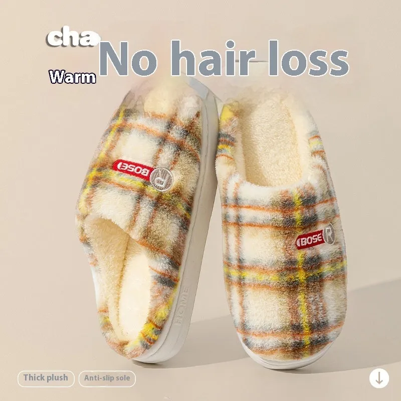 Plaid pattern cotton slippers with a non-slip PVC sole shown in A857 Coffee colour.