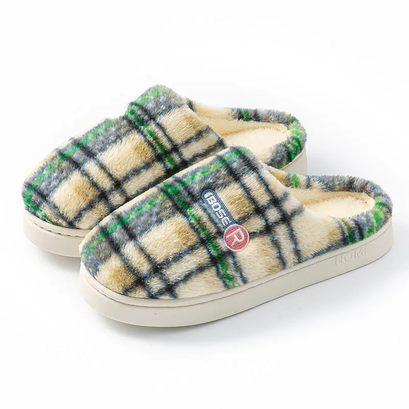 Plaid pattern cotton slippers with a non-slip PVC sole shown in A857 Coffee colour.