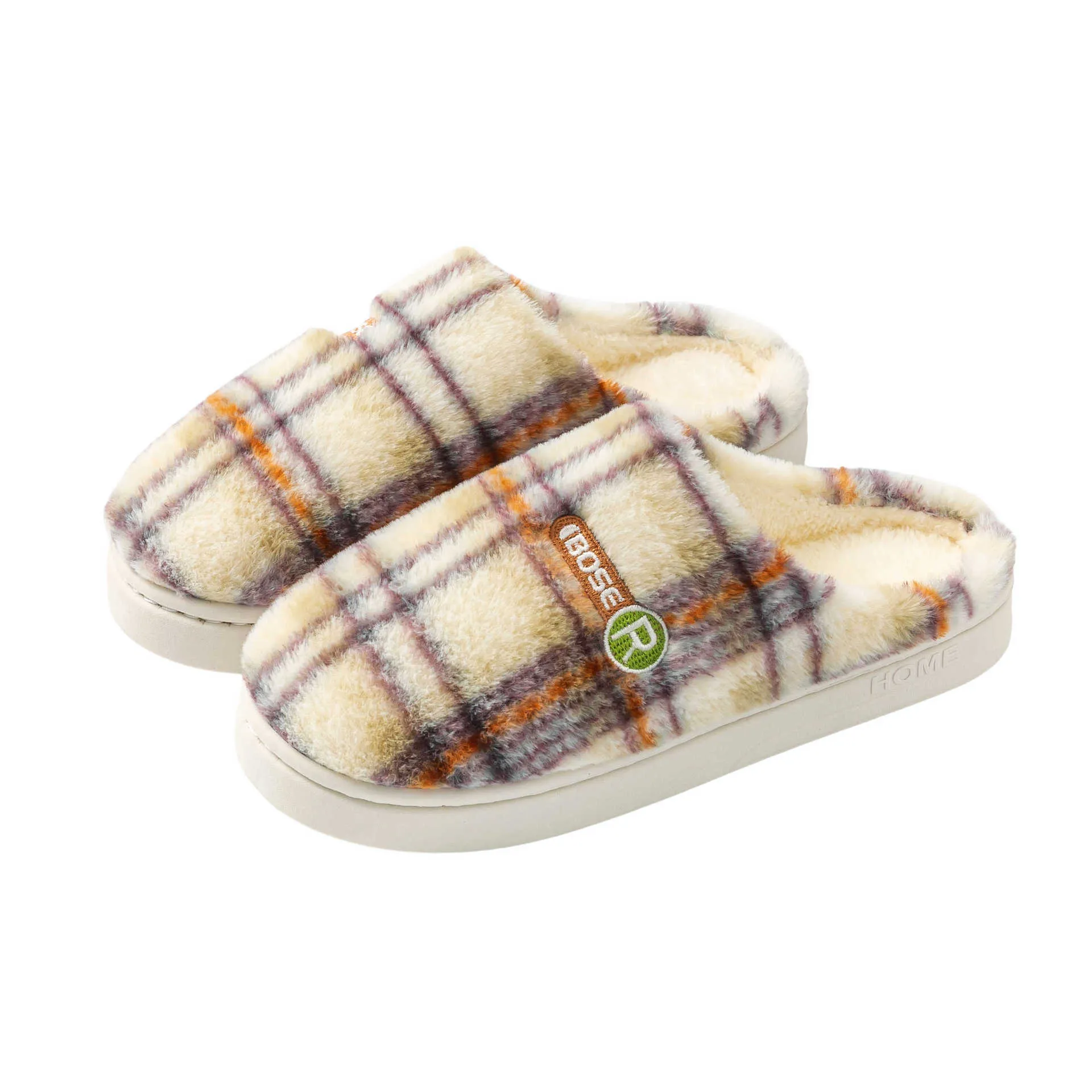 Plaid pattern cotton slippers with a non-slip PVC sole shown in A857 Coffee colour.