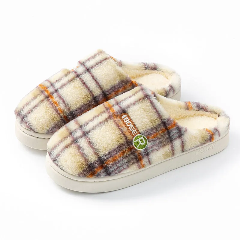 Plaid pattern cotton slippers with a non-slip PVC sole shown in A857 Coffee colour.