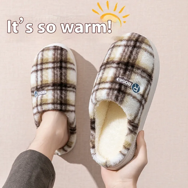 Plaid pattern cotton slippers with a non-slip PVC sole shown in A857 Coffee colour.