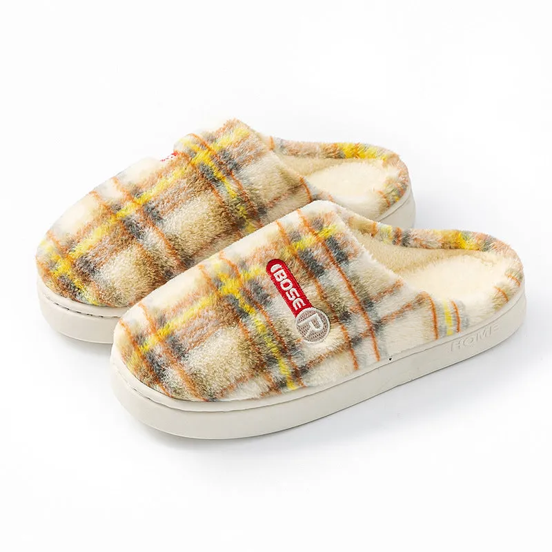 Plaid pattern cotton slippers with a non-slip PVC sole shown in A857 Coffee colour.