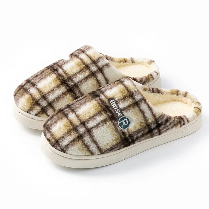 Plaid pattern cotton slippers with a non-slip PVC sole shown in A857 Coffee colour.