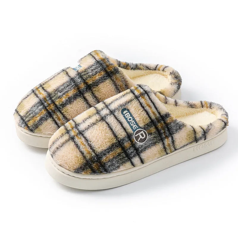 Plaid pattern cotton slippers with a non-slip PVC sole shown in A857 Coffee colour.