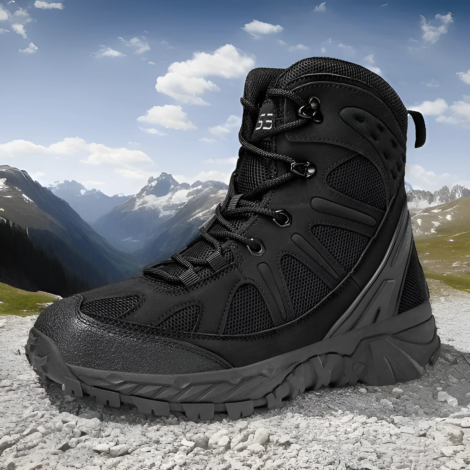 Men's anti-skid combat hiking boots in black with non-slip rubber outsole and lace-up front.