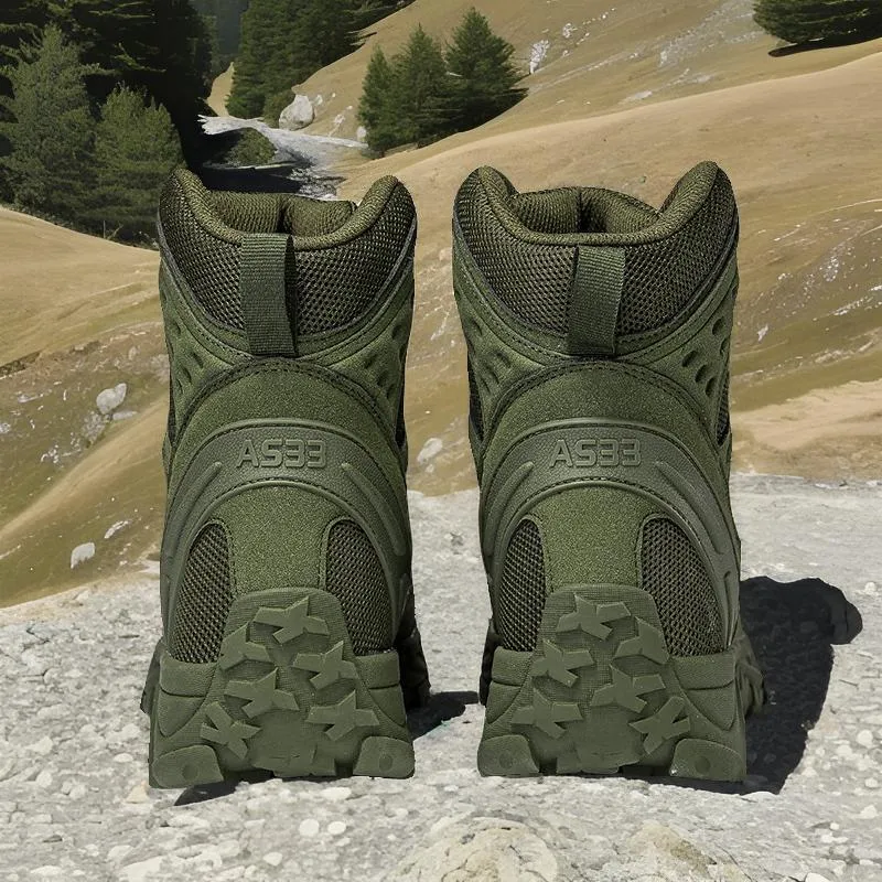 Men's anti-skid combat hiking boots in black with non-slip rubber outsole and lace-up front.