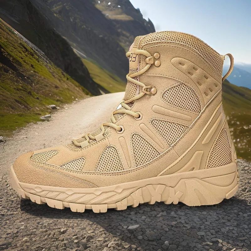 Men's anti-skid combat hiking boots in black with non-slip rubber outsole and lace-up front.