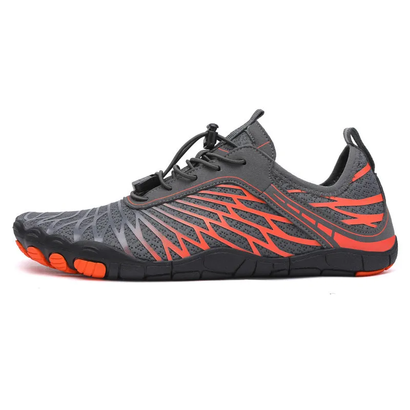 Low-top white outdoor sports shoes with lace-up front and textured rubber sole.