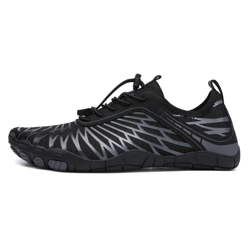 Low-top white outdoor sports shoes with lace-up front and textured rubber sole.