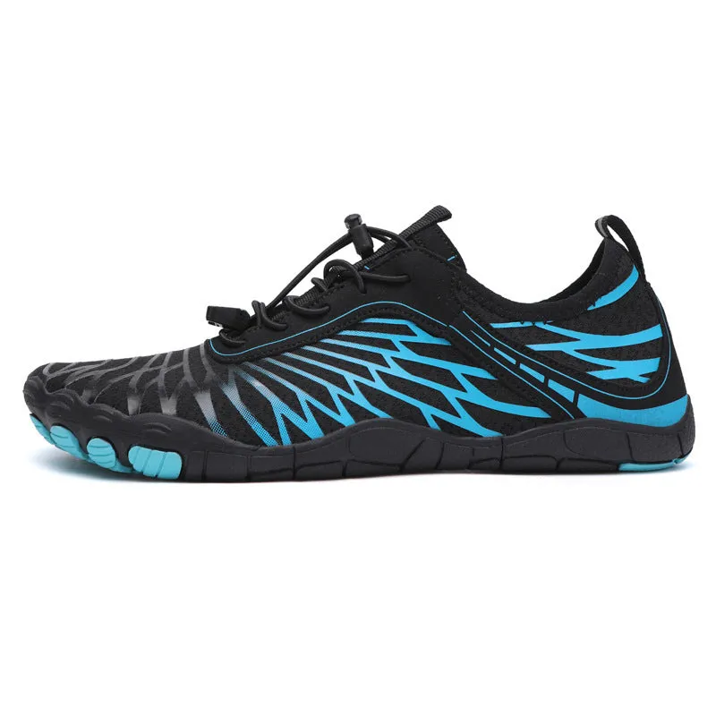 Low-top white outdoor sports shoes with lace-up front and textured rubber sole.