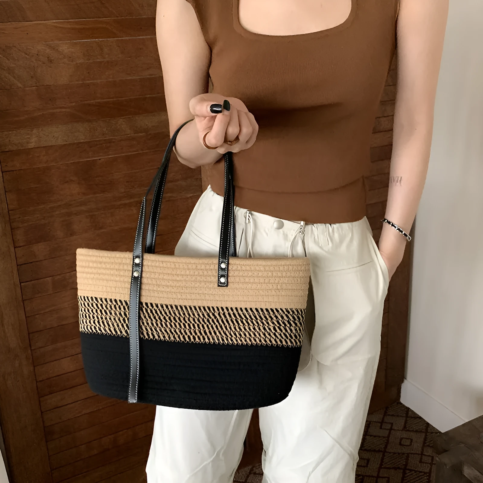 Hand woven cotton vegetable basket beach bag in oval shape with double shoulder straps