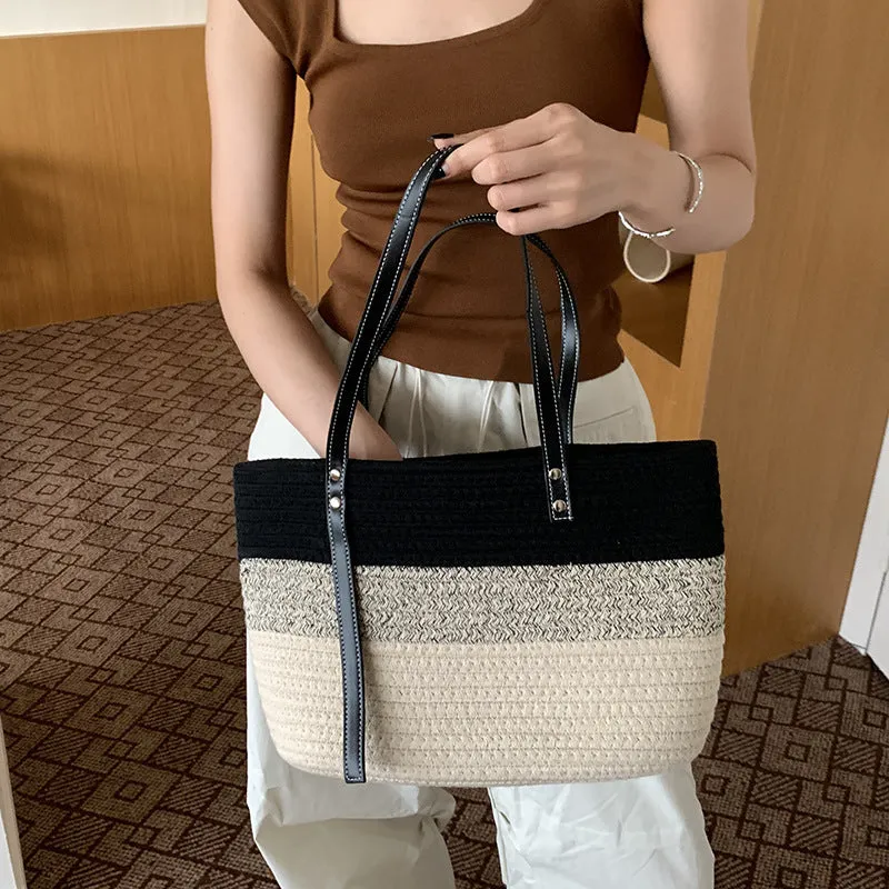 Hand woven cotton vegetable basket beach bag in oval shape with double shoulder straps
