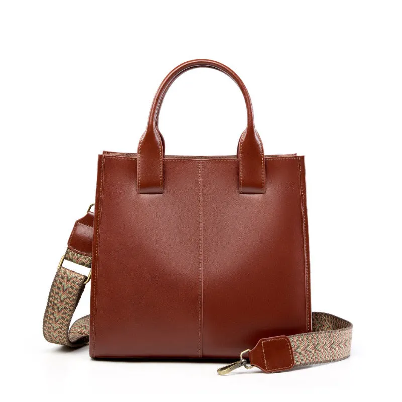 Women's genuine leather large capacity tote bag in urban simplicity style with splicing details