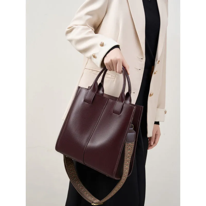 Women's genuine leather large capacity tote bag in urban simplicity style with splicing details