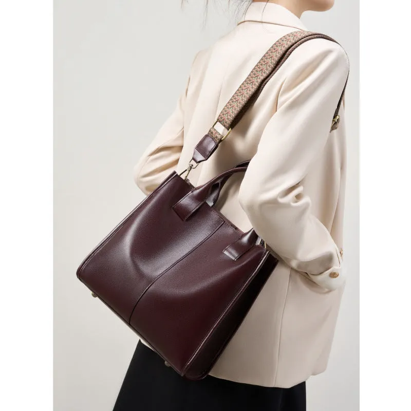 Women's genuine leather large capacity tote bag in urban simplicity style with splicing details