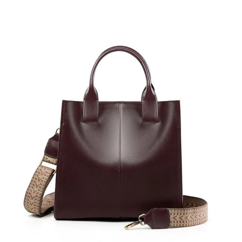 Women's genuine leather large capacity tote bag in urban simplicity style with splicing details