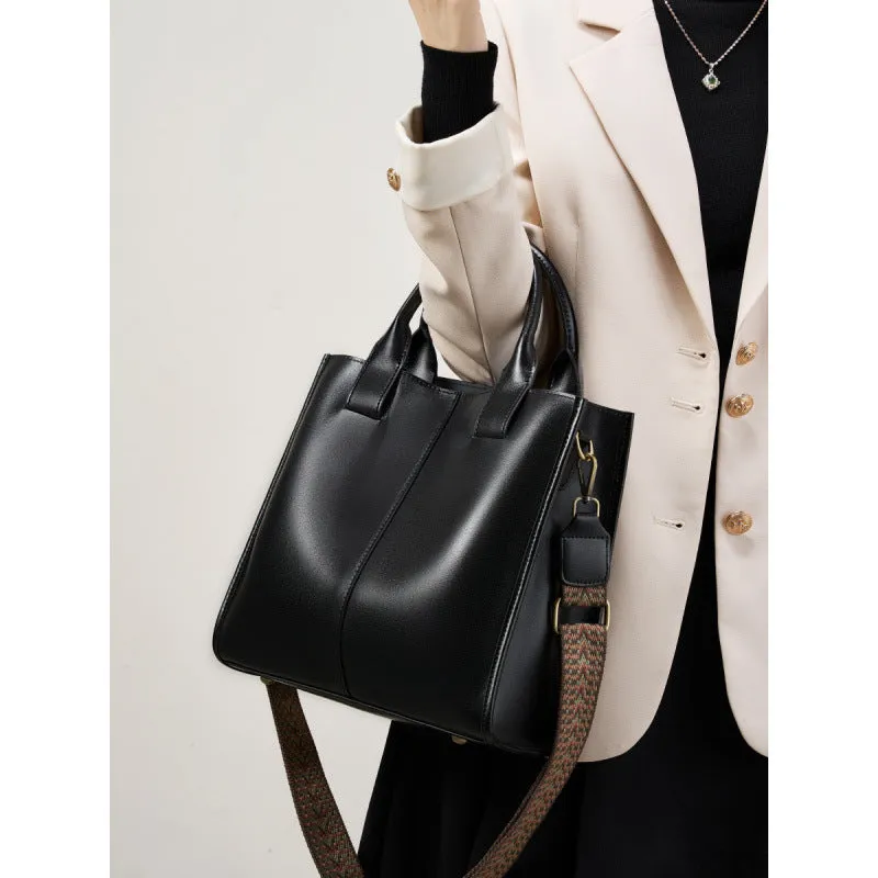 Women's genuine leather large capacity tote bag in urban simplicity style with splicing details