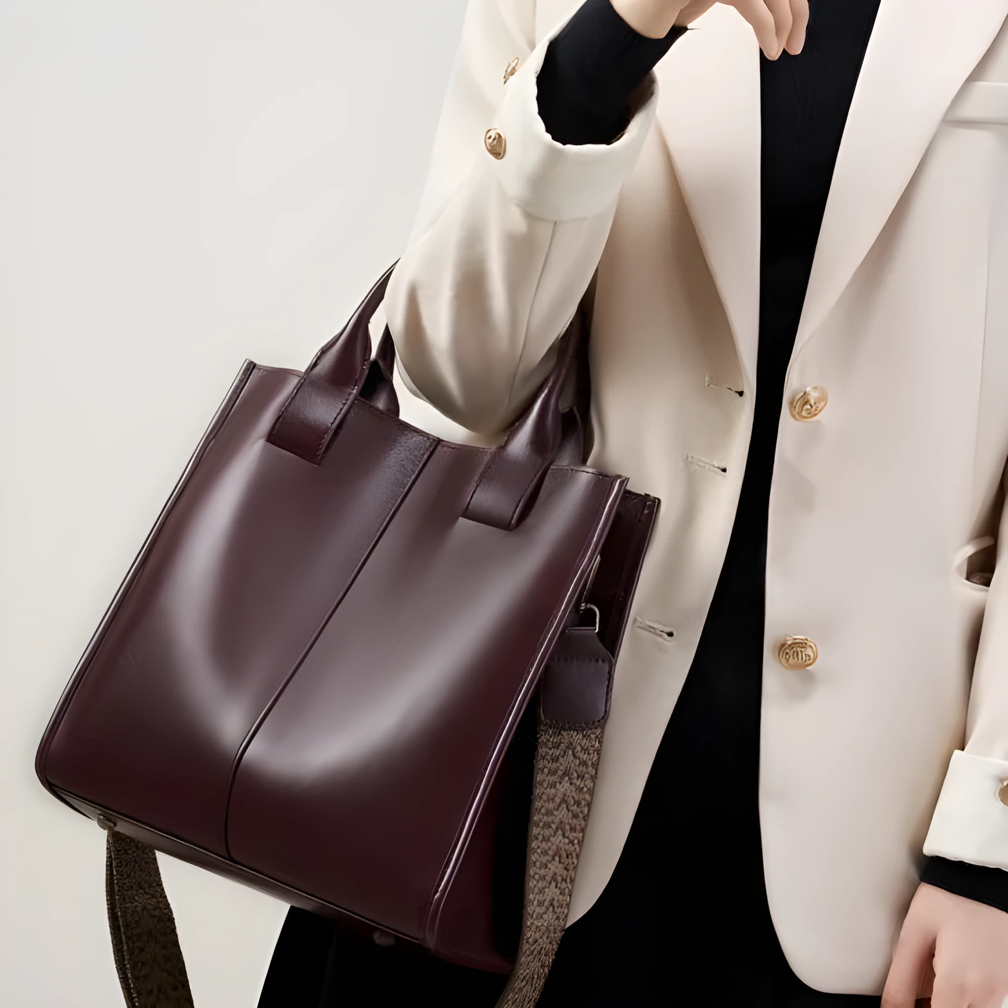 Women's genuine leather large capacity tote bag in urban simplicity style with splicing details