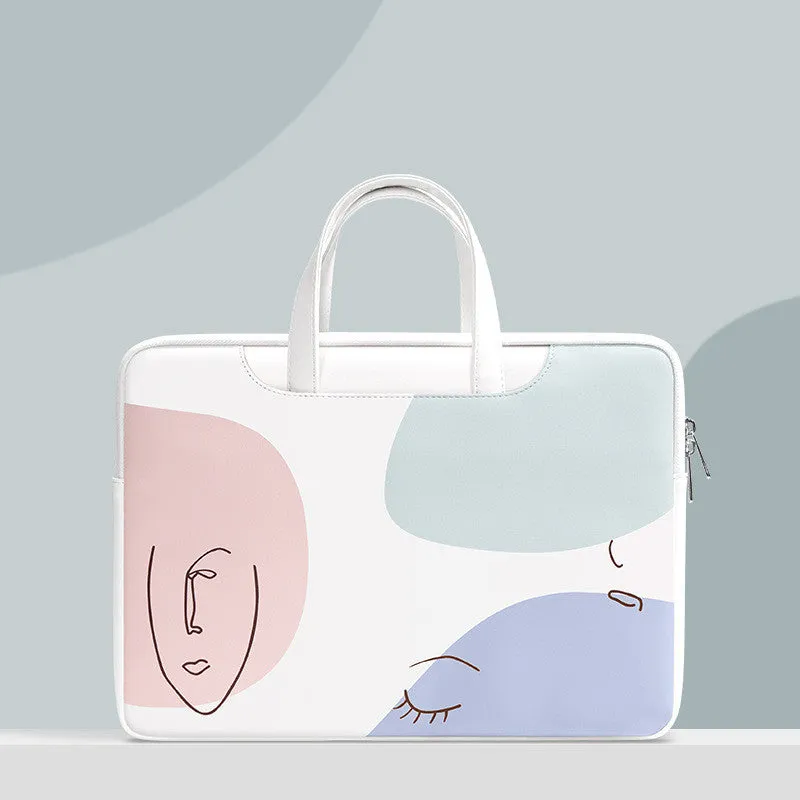 Blue PU leather laptop bag for a 15.6-inch notebook, shown with a zipper open and a soft handle.