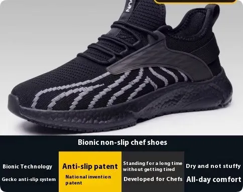 Men's grey anti-slip lace-up trainers with mesh upper for kitchen and workshop use.