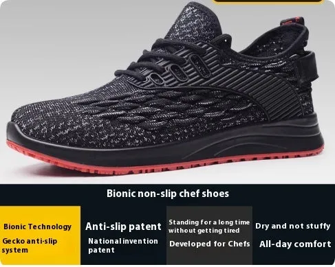 Men's grey anti-slip lace-up trainers with mesh upper for kitchen and workshop use.