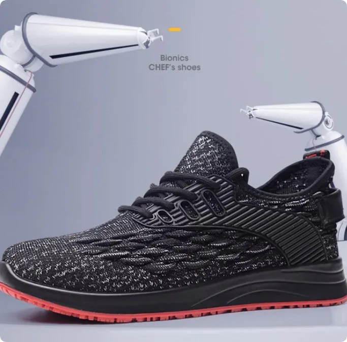 Men's grey anti-slip lace-up trainers with mesh upper for kitchen and workshop use.
