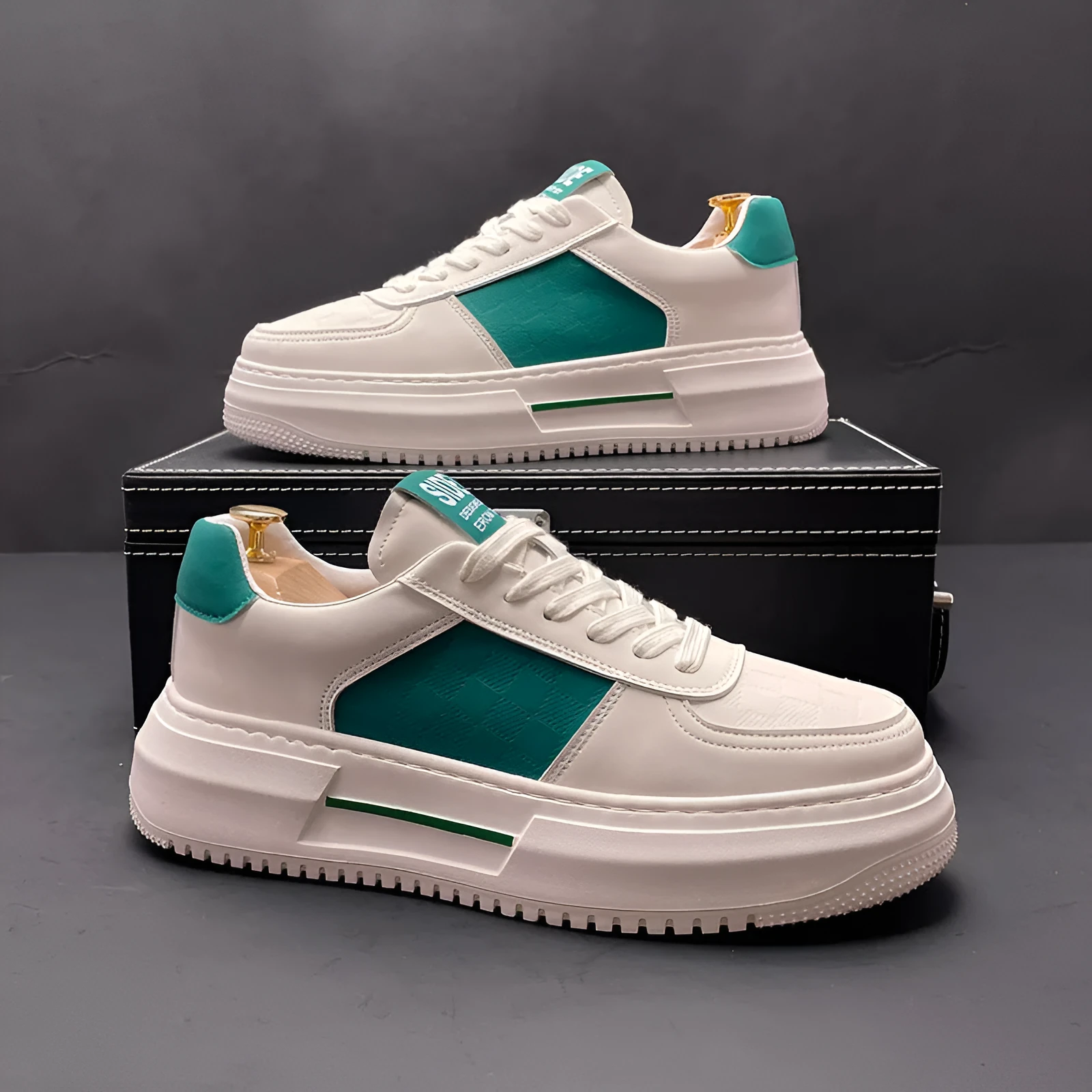 Unisex white and green cloth sports casual shoes with rubber foam soles.