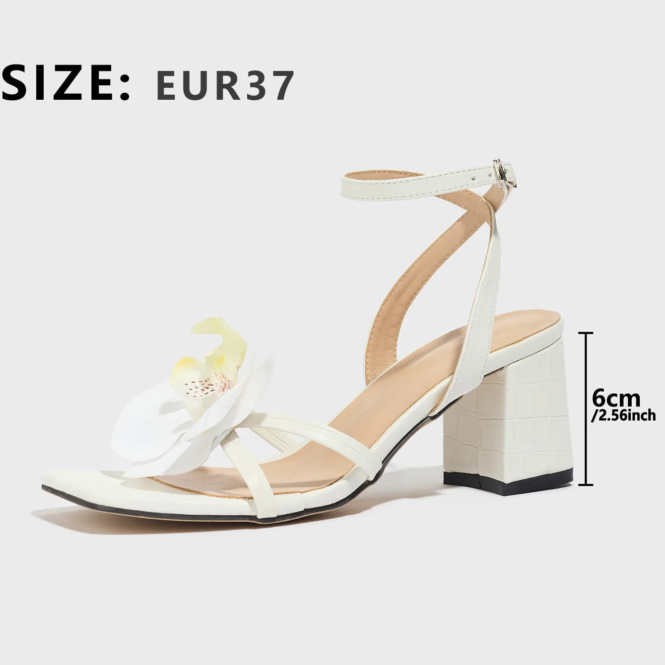 White women's sandals with a square toe, chunky high heel, and three-dimensional flower decorations.