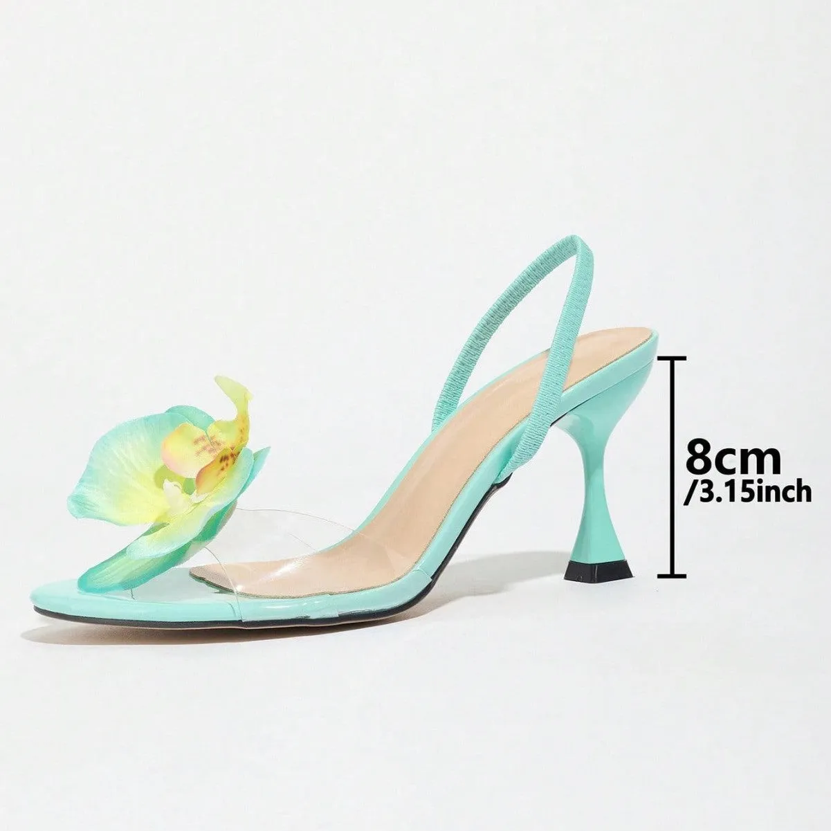 Green women's stiletto sandals with a high heel, round toe, and a 3D flower detail on the back strap.
