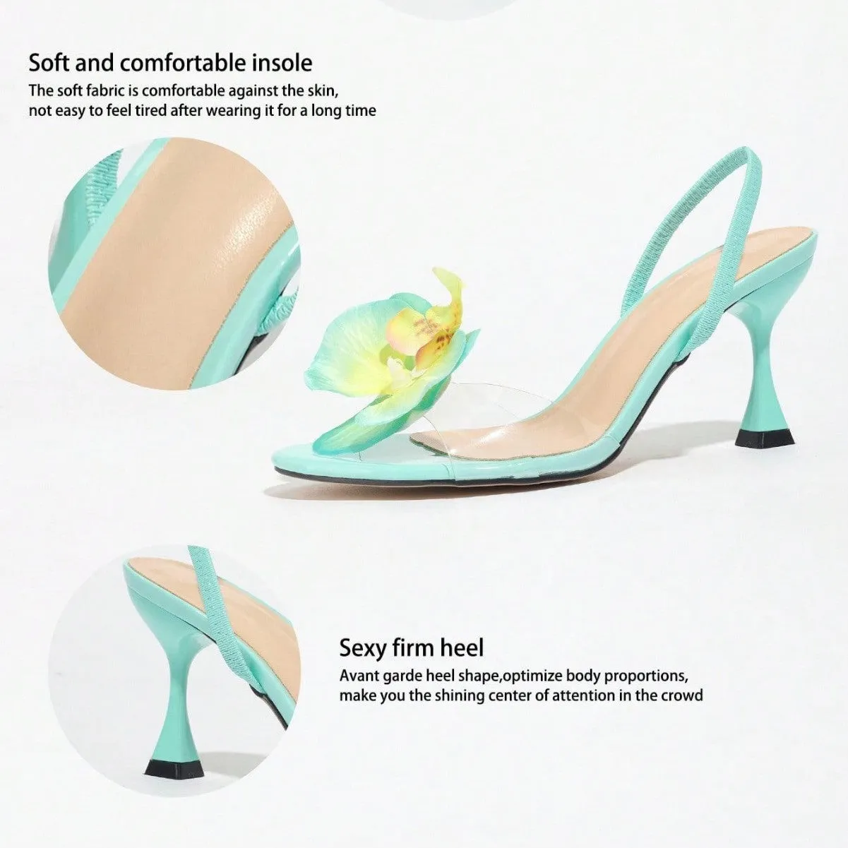 Green women's stiletto sandals with a high heel, round toe, and a 3D flower detail on the back strap.