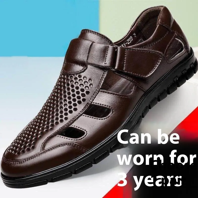 Men's black business casual sandals with hollow perforated design and Velcro fastening