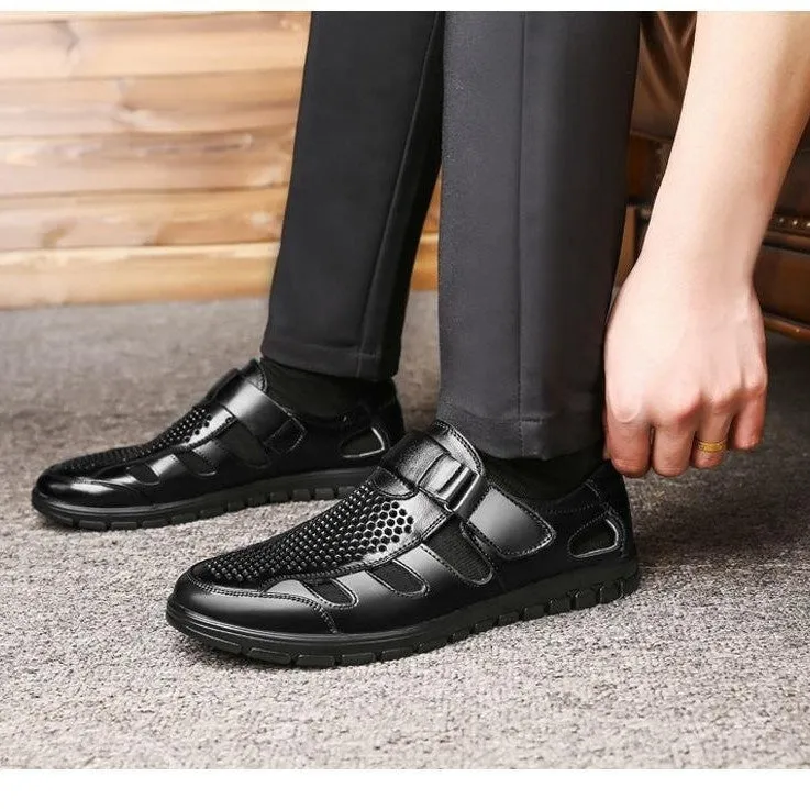 Men's black business casual sandals with hollow perforated design and Velcro fastening