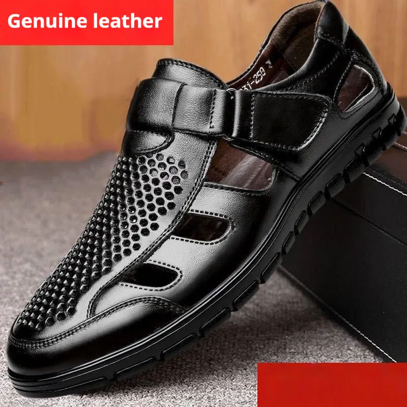 Men's black business casual sandals with hollow perforated design and Velcro fastening