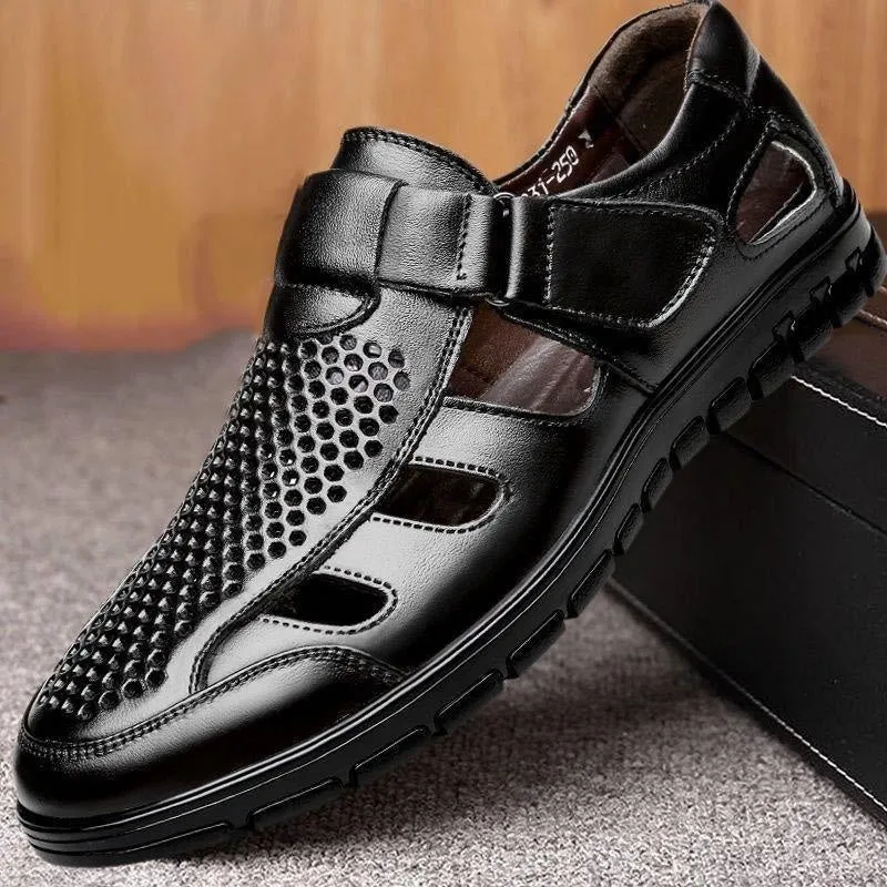 Men's black business casual sandals with hollow perforated design and Velcro fastening