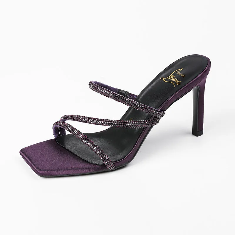 Women's purple satin stiletto sandals with square toe and 8cm heel on a white background.