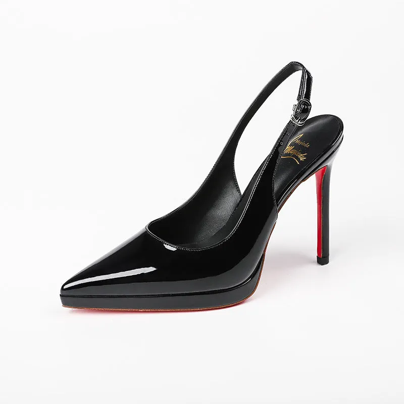 Women's waterproof platform stiletto pumps in black and red background with 8cm heel and patent leather upper