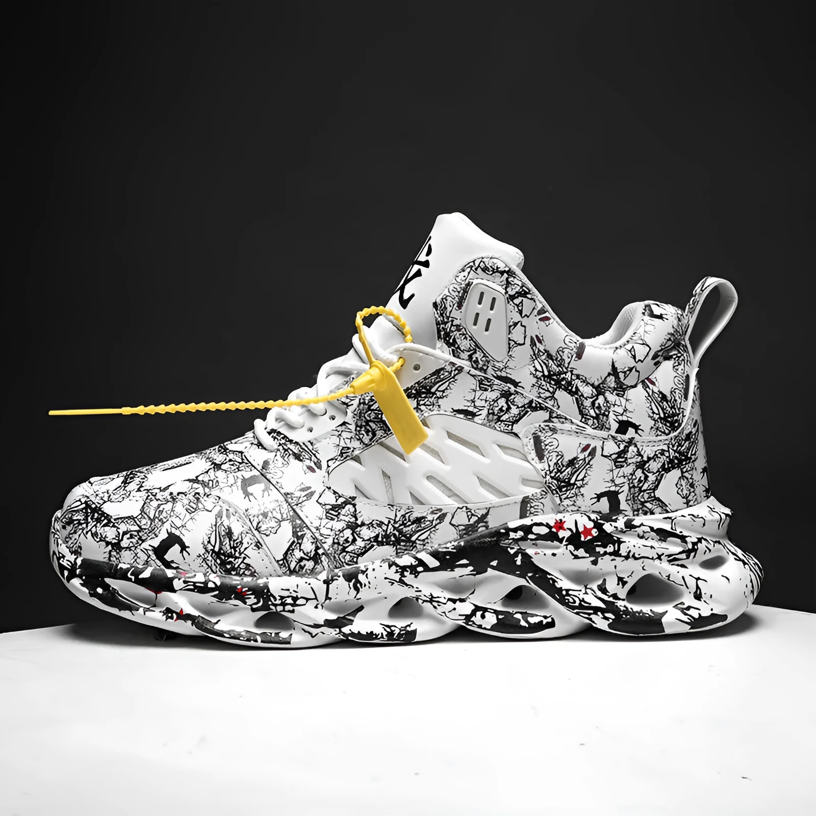 Men's black camouflage high-top basketball shoes with a rubber sole.