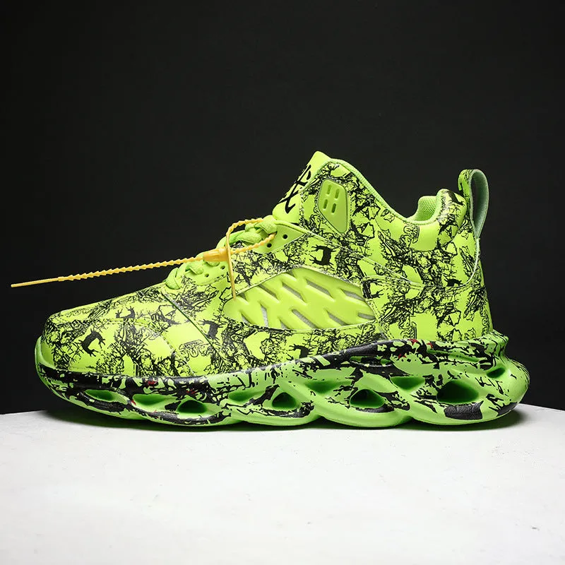Men's black camouflage high-top basketball shoes with a rubber sole.
