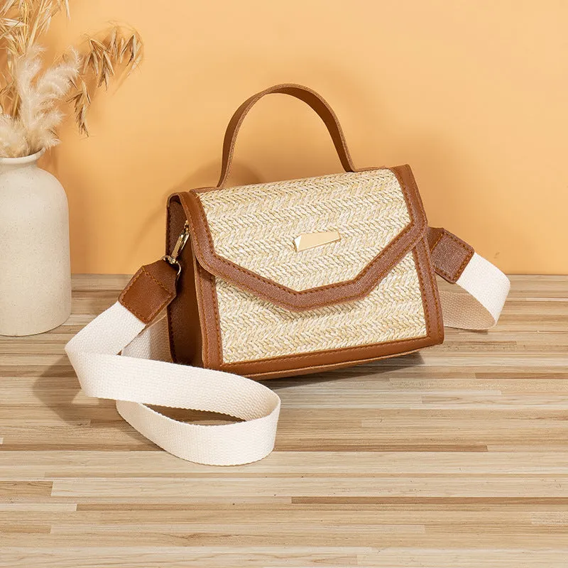 Simple woven sequin decorative crossbody small square bag in straw, four colour options: white, pink, black, dark brown.