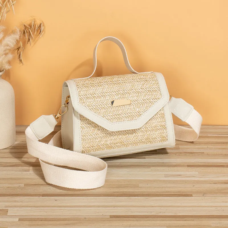 Simple woven sequin decorative crossbody small square bag in straw, four colour options: white, pink, black, dark brown.