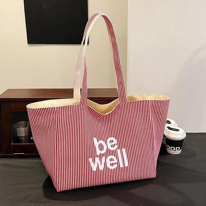 Large capacity double-sided striped canvas tote bag in striped blue, soft horizontal square shape